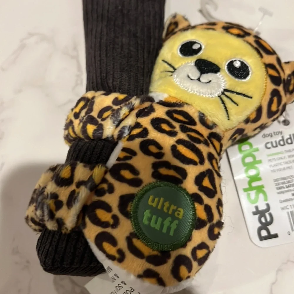 NWT PetShoppe Ultra Tuff Pup Dog Toy Cuddle Tug Rope Crinkle Squeaky Leopard